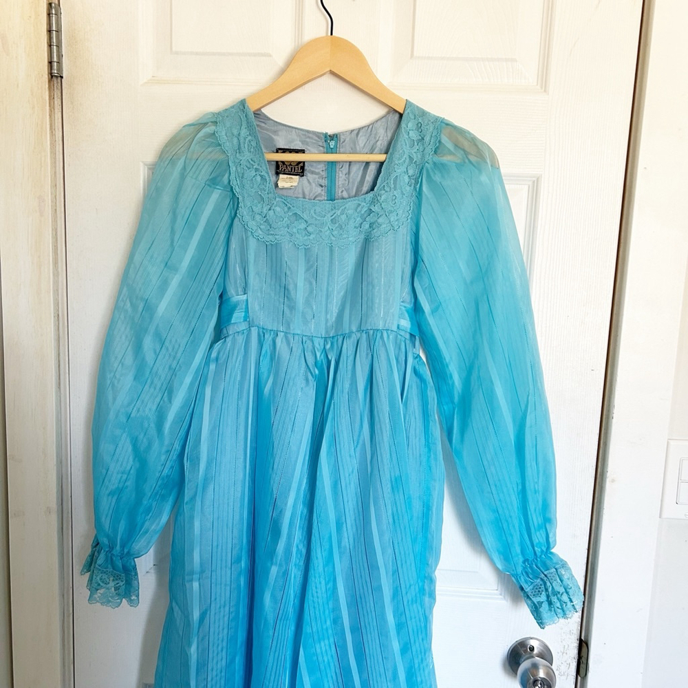 Vintage 1970’s Blue Pantel Maxi Dress Long Sleeve Lace Trim Fairycore Trad-wife - Picture 5 of 14